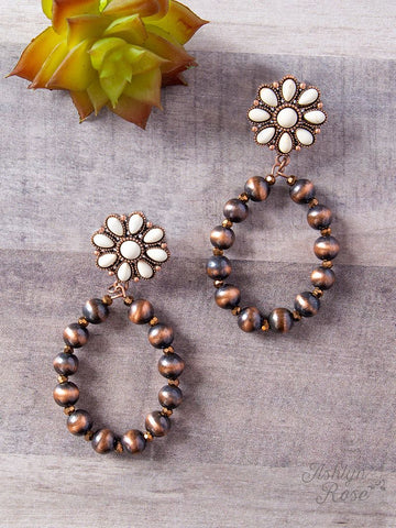 Copper Flower Stone and Pearl Earrings