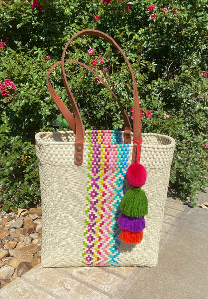 Gabriel Ivory Rainbow Hand Woven Tote with Leather Straps