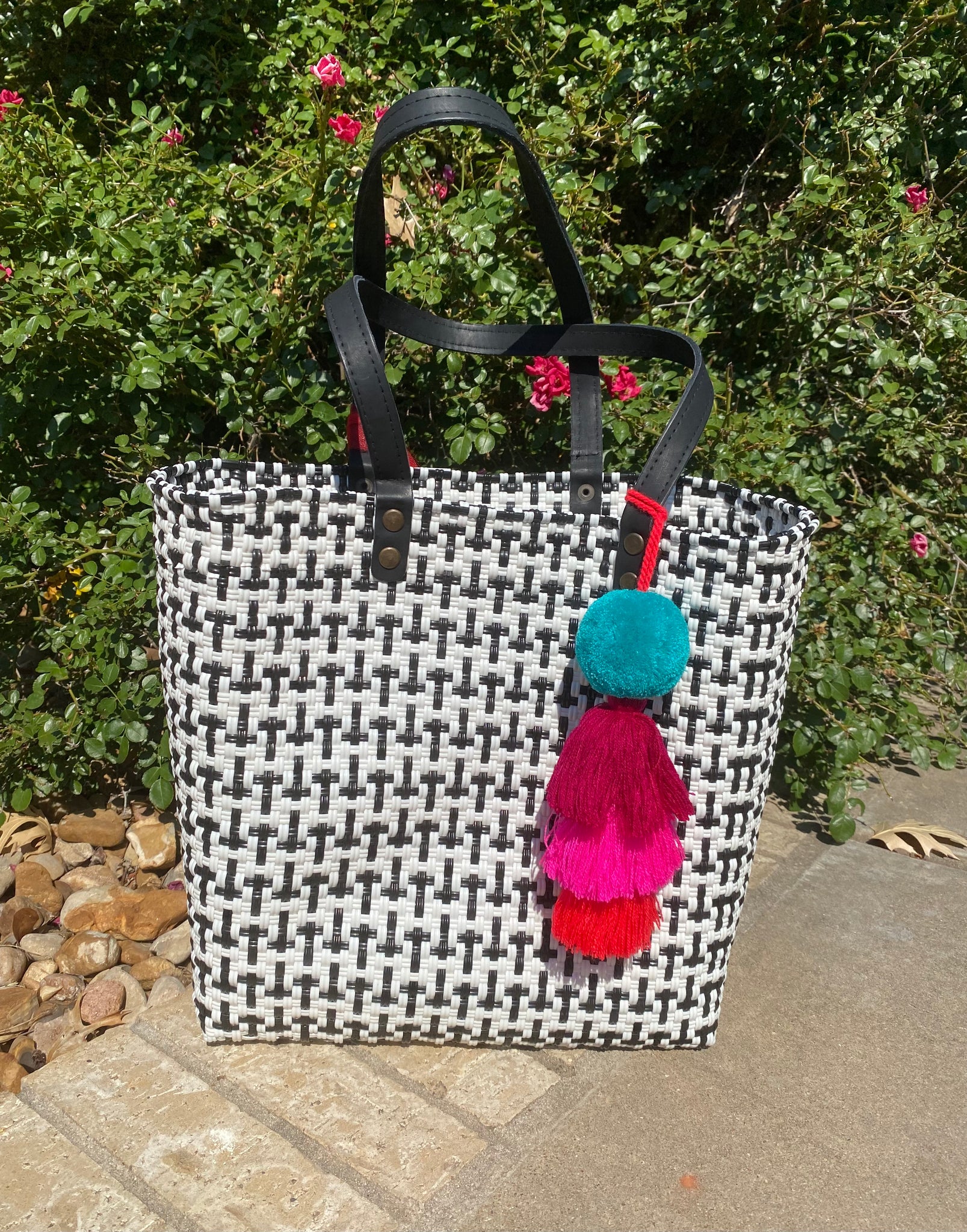 Gabriel Black and White Hand Woven Tote with Leather Straps