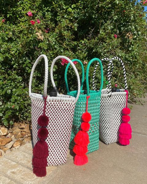Maroon and White Hand Woven Wine Tote