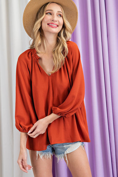 Rust Ruffled and Puffed Blouse