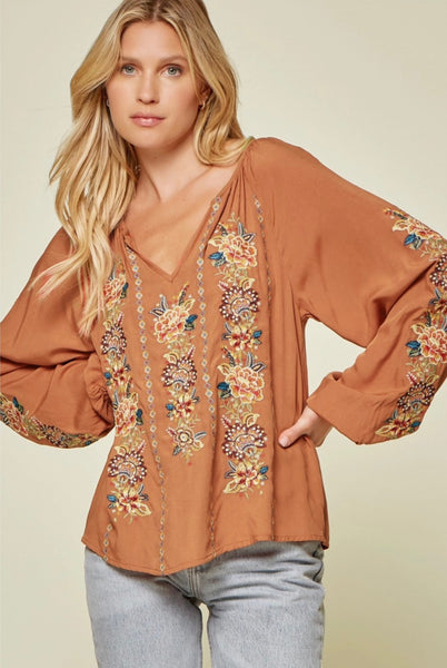 Rust Floral Embroidered Blouse