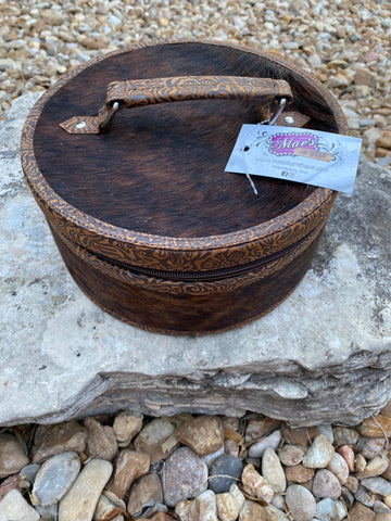 Large Round Jewelry Case - Brown Tooled