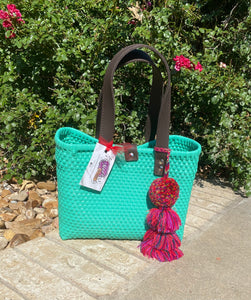 Nico Turquoise Hand Woven Tote with Leather Handles