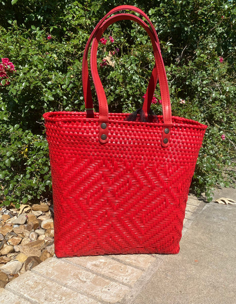Gabriel Solid Red Hand Woven Tote with Leather Straps
