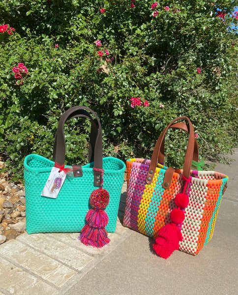 Nico Bright Multicolored Hand Woven Tote with Leather Handles