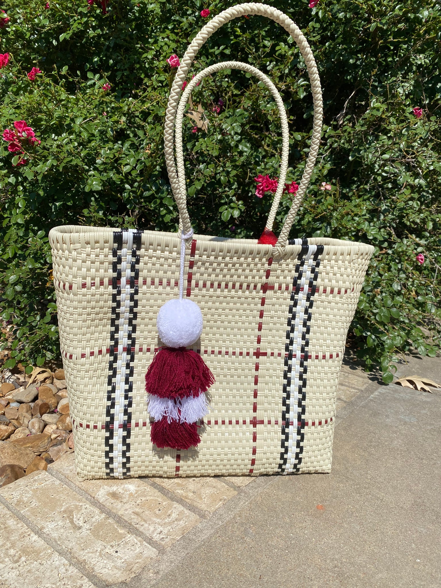Diego Ivory with Maroon Hand Woven Tote