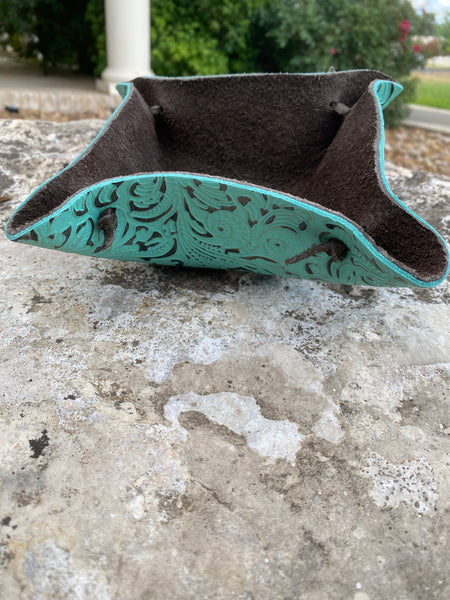 Large Turquoise Tooled Leather Catch All Bowl