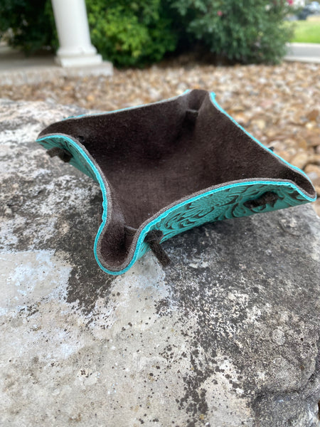 Small Turquoise Tooled Leather Catch All Bowl