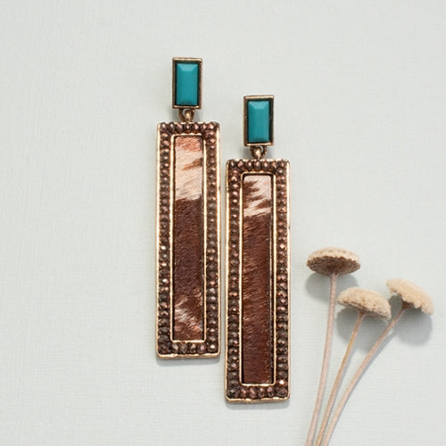 Turquoise and Cowhide Bar Earrings
