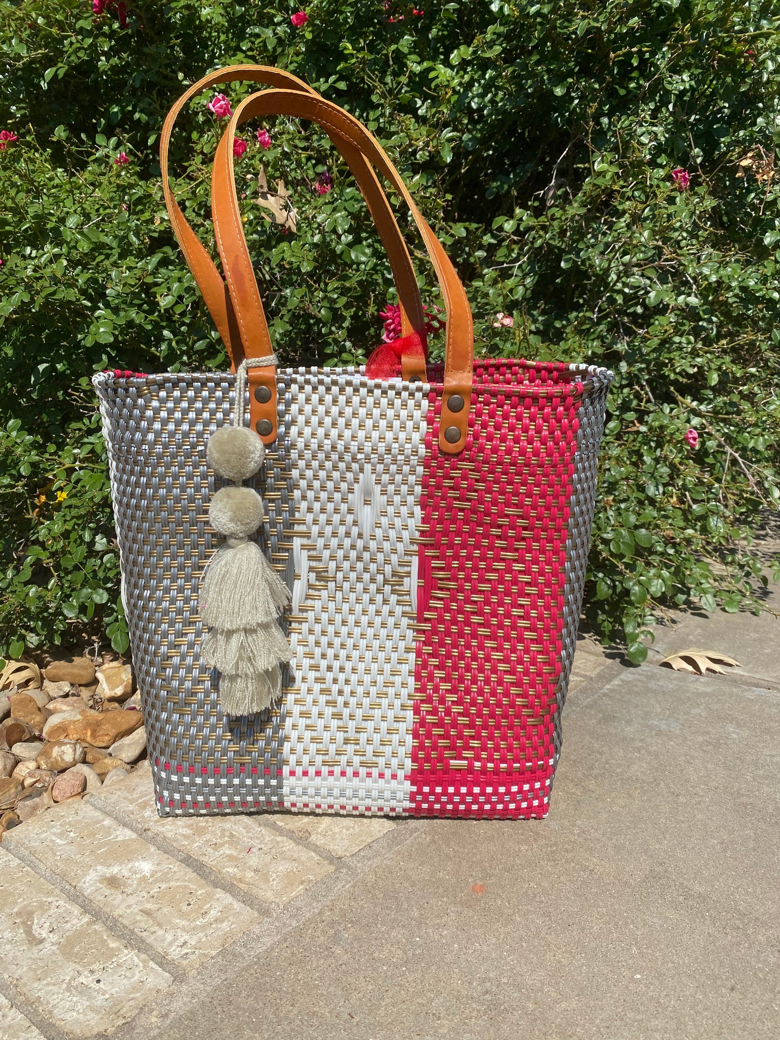 Gabriel Red Crosswalk Hand Woven Tote with Leather Straps