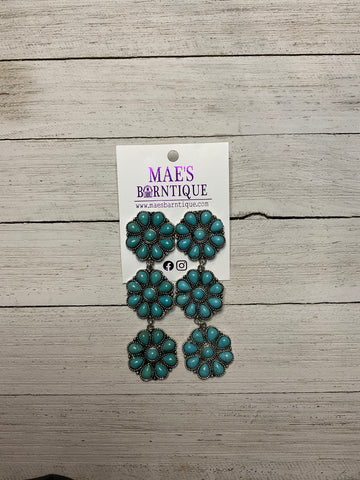 Triple Blossom Turquoise Stone and Silver Earrings