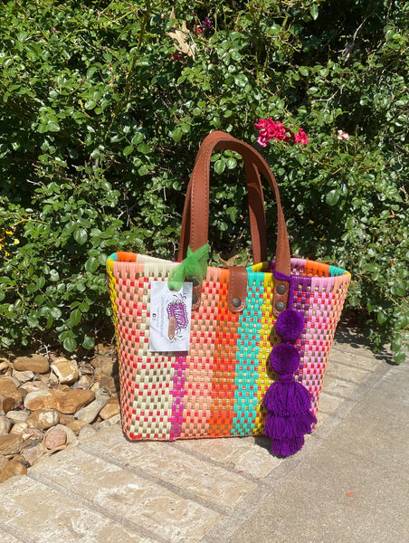 Nico Bright Multicolored Hand Woven Tote with Leather Handles