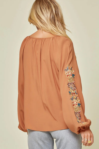 Rust Floral Embroidered Blouse