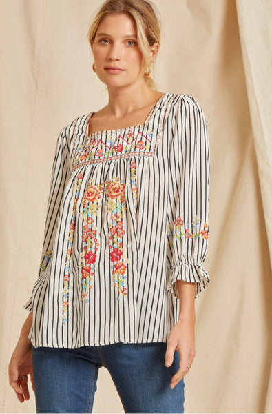 Stripes and Flowers Square Cut Blouse