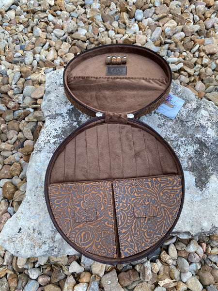 Large Round Jewelry Case - Brown Tooled