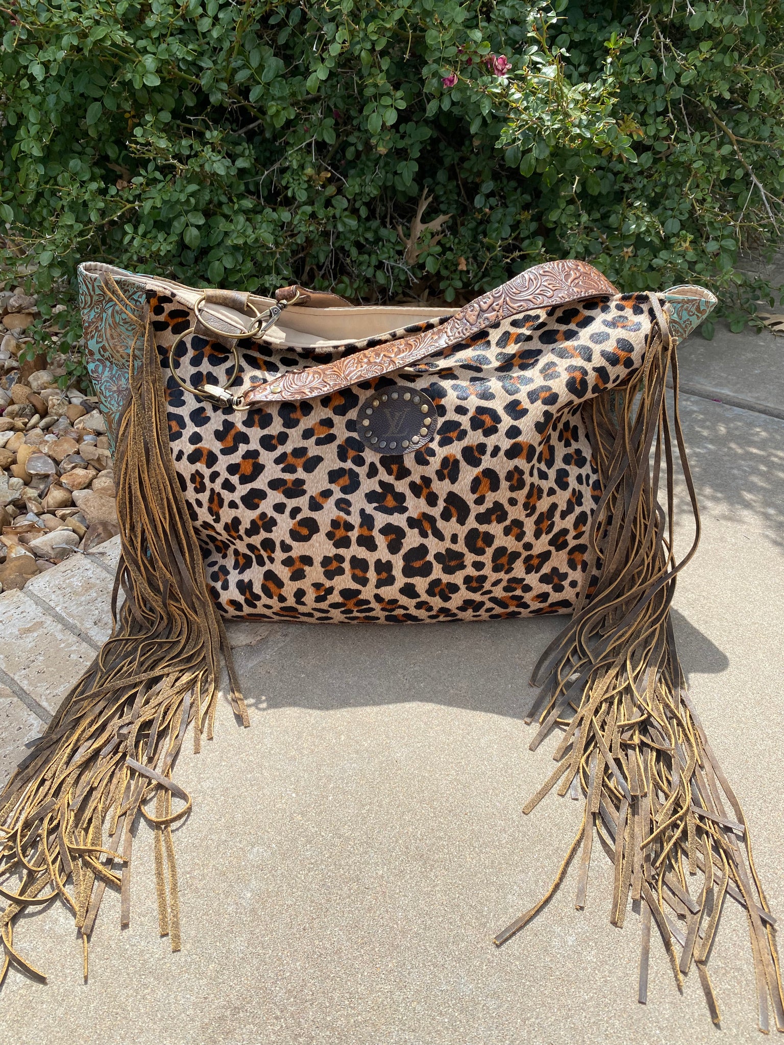 Stella: Leopard and Tooled Turquoise Two Handle Tote