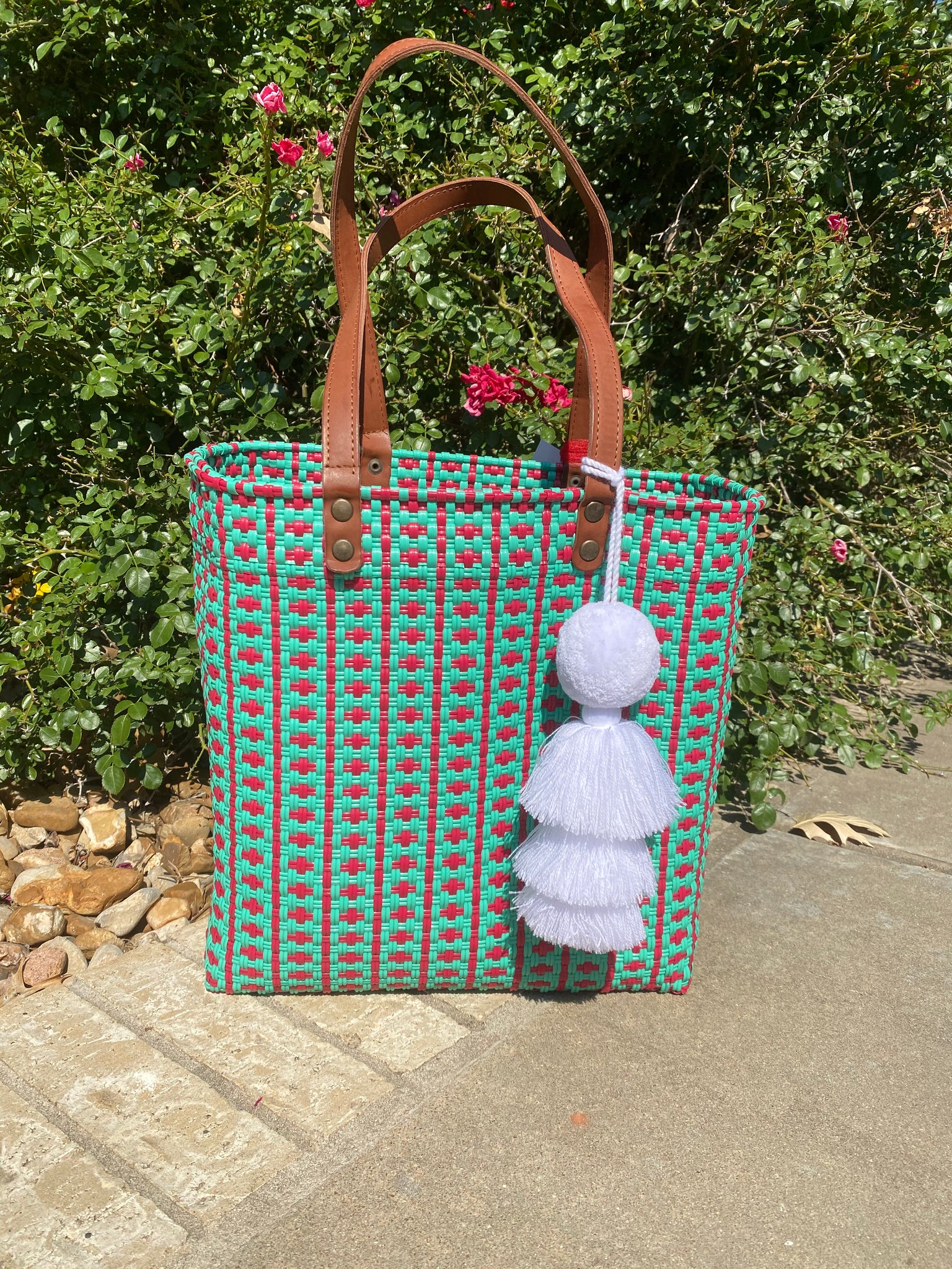 Gabriel Watermelon Hand Woven Tote with Leather Straps