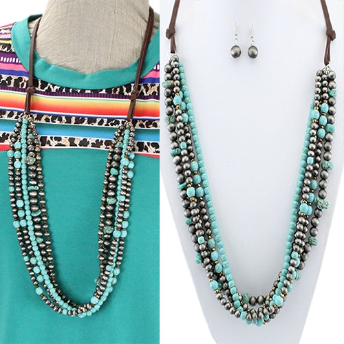 Turquoise and Silver Navajo Multi Strand Leather Necklace