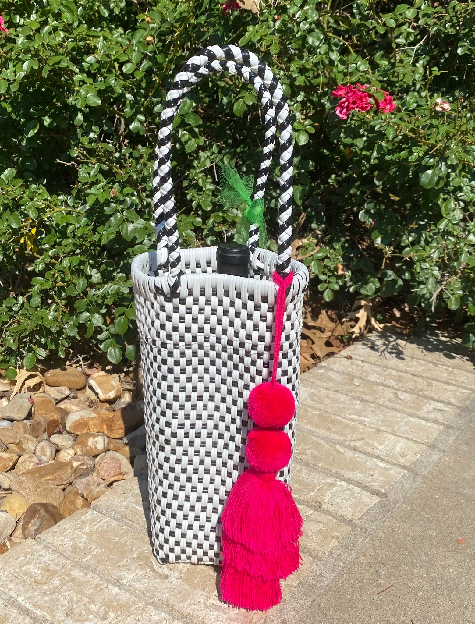 Black and White Hand Woven Wine Tote