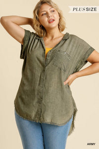 Army Green Frayed Button Up Top