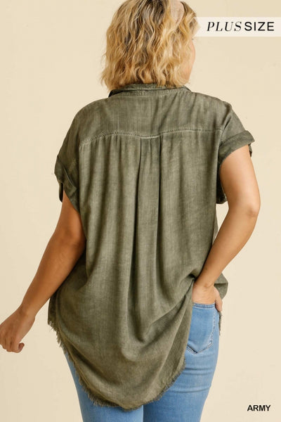 Army Green Frayed Button Up Top