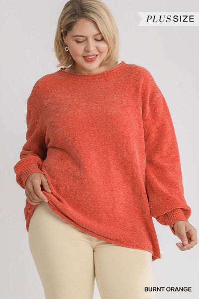 Burnt Orange Chenille Knit Boat Neck Sweater