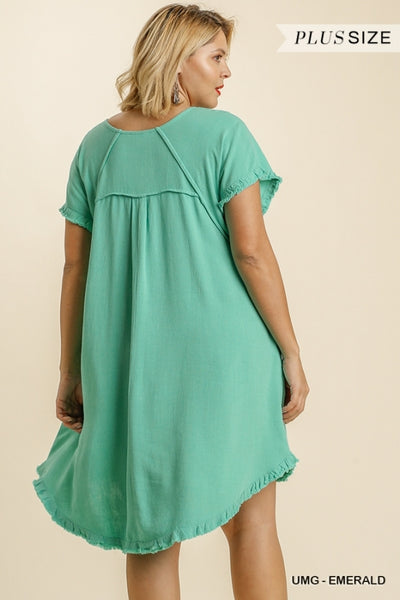 Emerald Linen Fringe Round Neck Pocket Dress